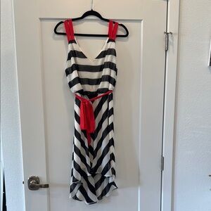 Bisou bisou black and white striped dress with red tie hi low